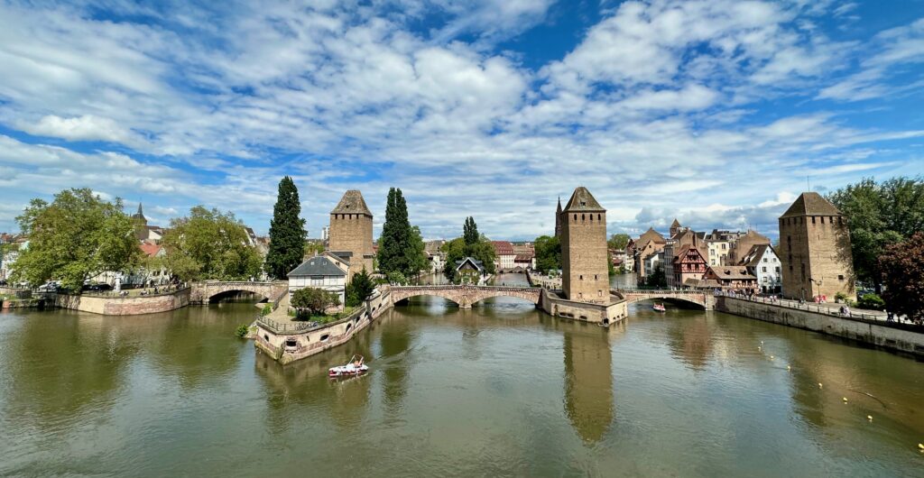 View of former 'covered bridges' and defense towers from the Vauban dam, Strasbourg